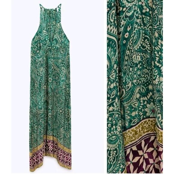 Zara Silky green paisley Scarf printed halter Open Back maxi dress size Medium - Picture 2 of 5
